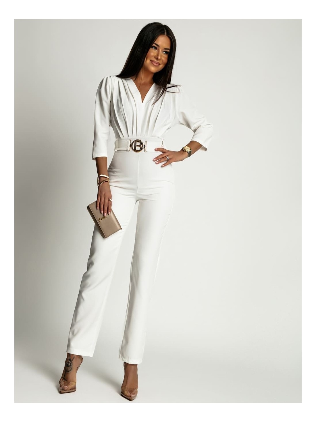 Elegant jumpsuit with a pleated top, white AZR248040